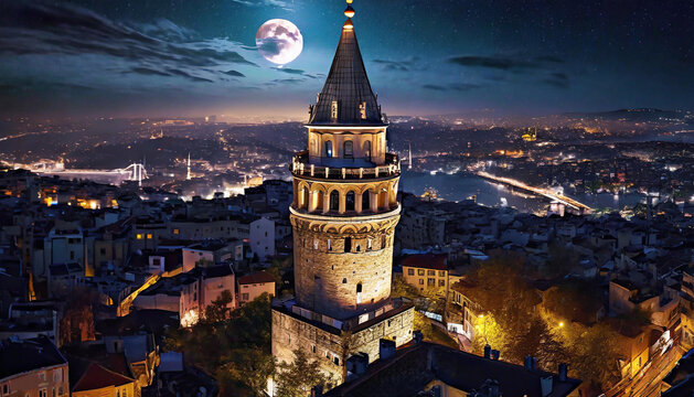 Istanbul, Turkey 30/12/2023:  Galata Tower Night Full Moon