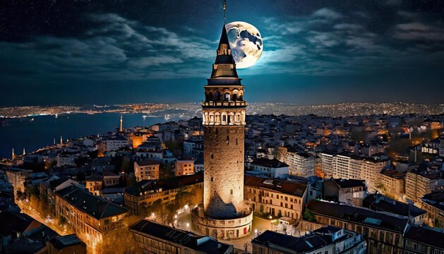 Galata Tower Night Full Moon