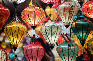 Brightly coloured, Vietnamese paper and silk lanterns, for sale in a shop, in central Vietnam