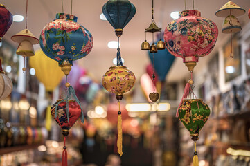 Brightly coloured, Vietnamese paper and silk lanterns, for sale in a shop, in central Vietnam