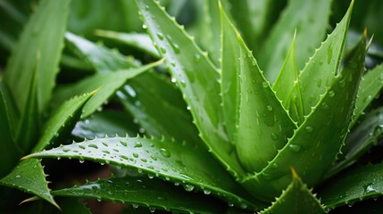 Aloe vera plant closeup photo. Green leaf of medicine cactus - obrazy, fototapety, plakaty