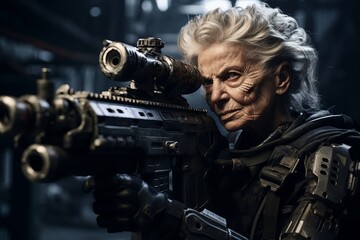 Portrait of an old woman with a machine gun in a dark room - obrazy, fototapety, plakaty