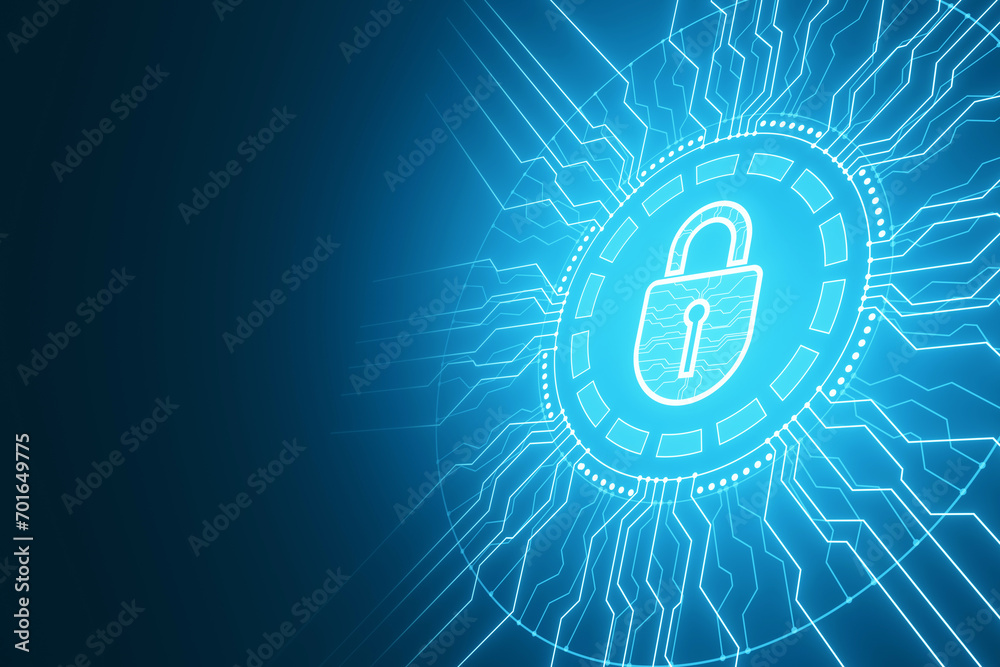 Poster Creative glowing round padlock hologram with circuit on blue background with mock up place. Secure, web protection and antivirus concept. 3D Rendering.