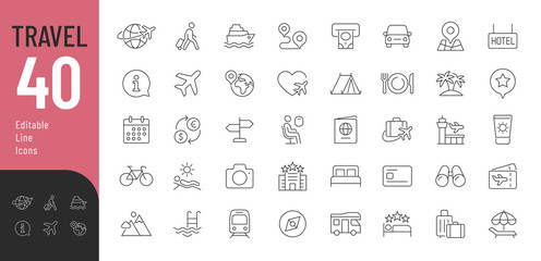 Travel Line Editable Icons set.Vector illustration in modern thin line style of tourism related icons: hotels, types of tourism, tourist transport, locations, etc. Isolated on white - obrazy, fototapety, plakaty
