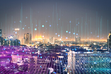 Abstract glowing purple night city wallpaper with digital data lines all over. Smart city, VR, AI...