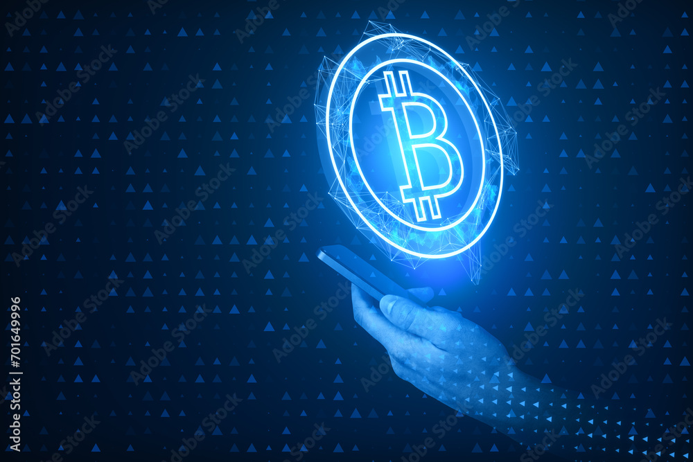 Poster close up of pixel hand holding smart phone with abstract bitcoin hologram on blue background. crypto