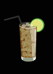 Popular coctail drink cuba libre in colour and easy to use illustration style. Summer alcoholic beverage with ice cubes and lime slice.Great for usage in drink lists and background items in animation.