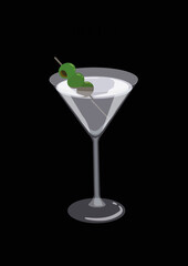 Popular coctail drink Martini in cocktail glass in colour and easy to use illustration style. Martini alcoholic beverage with green olives. Great for drink lists and background items in animation.