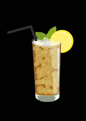 Popular coctail drink Long Island Iced Tea in colour and easy to use illustration style. Summer alcoholic beverage with mint leaves, citrus. Great for drink lists and background items in animation.