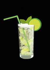 Popular coctail drink Mojito in colour and easy to use illustration style. Cold summer beverage with lime slices and mint leaves. Great for usage in drink lists and background items in animation.