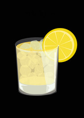 Popular coctail drink Whiskey sour in colour and easy to use illustration style. Cold summer beverage with citrus lemon slice and ice. Great for usage in drink lists and background items in animation.