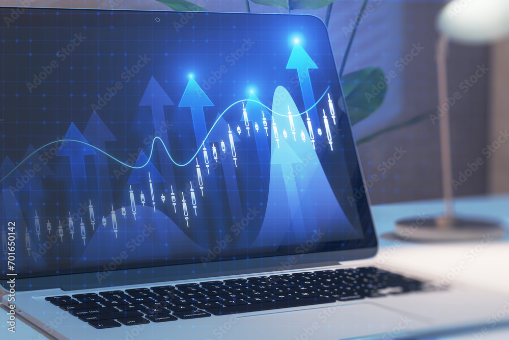 Poster close up of laptop computer with growing forex chart with bright upward arrow on blurry pixel backgr