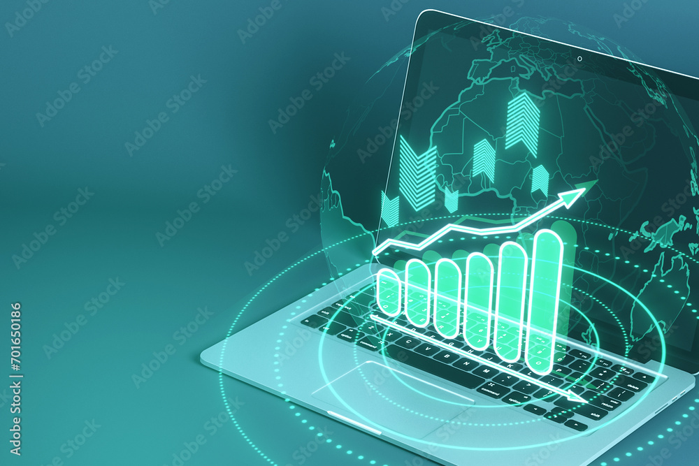Poster close up of laptop with glowing business chart and globe hologram on blurry background. financial pl