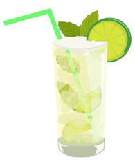 Popular coctail drink Mojito in colour and easy to use illustration style. Cold summer beverage with lime slices and mint leaves. Great for usage in drink lists and background items in animation.