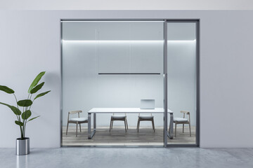 Contemporary light concrete and glass office box interior with mock up place on walls and wooden...