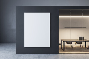 Modern dark concrete and glass office box interior with empty white mock up banner on walls and...