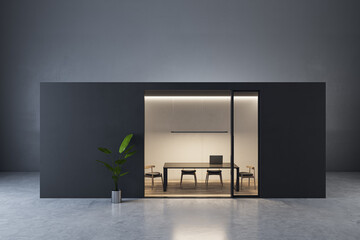 Modern dark concrete and glass office box interior with mock up place on walls and wooden floors....