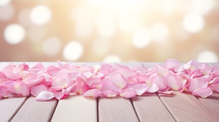 Romantic flower petals laid on wooden board, Valentine's Day concept background