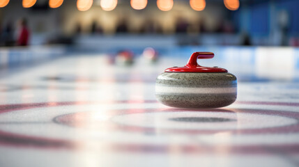 Curling stone in close-up, sliding on icy sheet.
