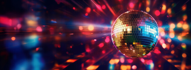 Banner with disco ball backdrop, ideal for festive events.