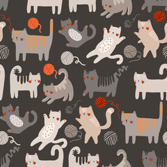 seamless pattern with cute cartoon cats. Cats of different color