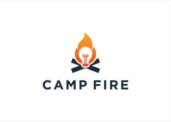 Camp fire and smart bulb innovation logo design vector illustration