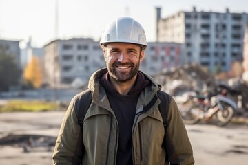 Portrait of a happy male construction worker with helmet smiling at the camera