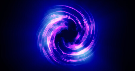 Looped twirl circle of stripes and lines of bright purple beautiful magical energy glowing neon, round frame. Abstract background
