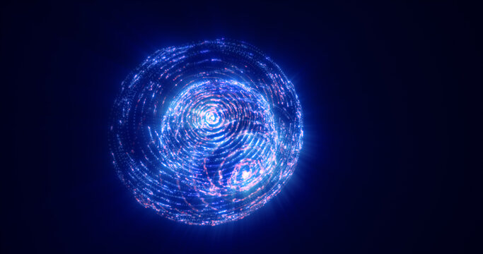 Abstract glowing looped light hi-tech energy blue round ball sphere atom clot of energy from lines and particles futuristic, abstract background