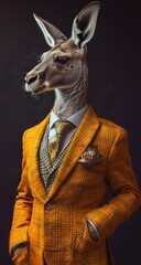 A kangaroo dressed in an elegant suit. Fashion portrait of an anthropomorphic animal posing with a charismatic fashion human attitude