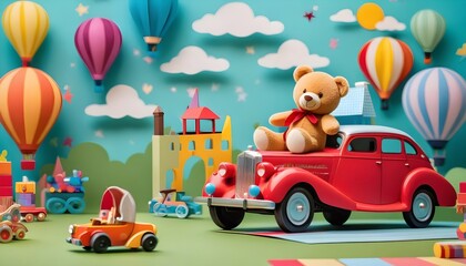 "A Magical Adventure: A Toy Car Ride with a Stuffed Teddy Bear and Friends"