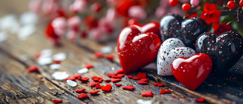 Valentine's day background with red hearts on old wooden table
