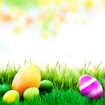 Easter background with the image of eggs and green grass.