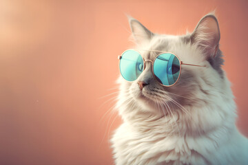Creative animal concept. Ragdoll cat kitten in sunglass shade glasses isolated on solid pastel background, commercial, editorial advertisement, surreal surrealism	

