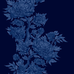 Blue Chinese Peony Seamless Pattern hand painting background wallpaper textile design - 701653944
