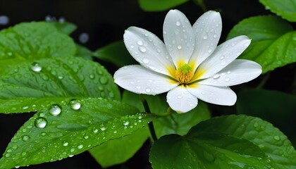 "A White Flower with Yellow Center Amidst Green Leaves and Water Droplets"