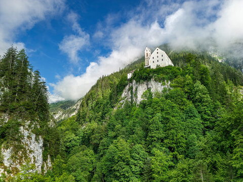 Austria, Tyrol, St. Georgenberg church overlooking Wolfsklamm canyon