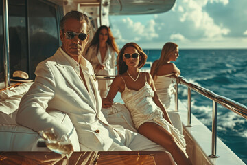 Portrait of a billionaire on a yacht with beautiful young girls behind him
