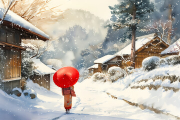雪深き里で赤傘をさして歩く和服の女性