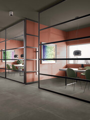 Dining area covered with glass chamber, wooden table and chairs, grey marble floor, colored wall. 3D Rendering