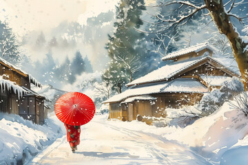雪深き里で赤傘をさして歩く和服の女性