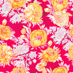 Bright Fuchsia Chinese Peony Seamless Pattern Hand painting background wallpaper textile design - 701654371