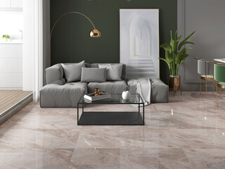 Grey sofa in contemporary living room, minimal design with white, black and grey walls and glossy marble flooring. 3D Rendering