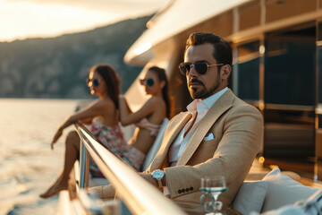 Portrait of a billionaire on a yacht with beautiful young girls behind him