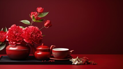 Obraz na płótnie Canvas Chinese new year decoration with red teapot and cup tea drink copy space red background. Generate AI