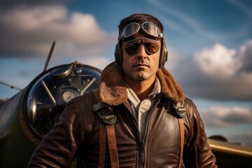 Portrait of a handsome pilot in aviator hat and leather jacket - obrazy, fototapety, plakaty