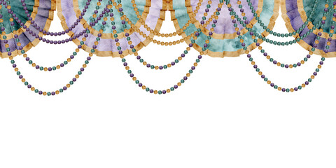 Hand drawn watercolor Mardi Gras carnival symbols. Garland festoon pelmet bead drape pearl strings, gold purple green. Seamless banner isolated on white background. Design party invitation, print shop © Elena