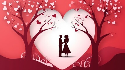 Illustration of a young couple on tree heart isolated red pink background. Generate AI image