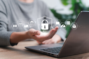 Privacy security concepts on the internet and protection data on cyber networks, Women use laptops show Privacy Lock icon on virtual screen interfaces, Documents, Banking, Finance, Data transfer - obrazy, fototapety, plakaty
