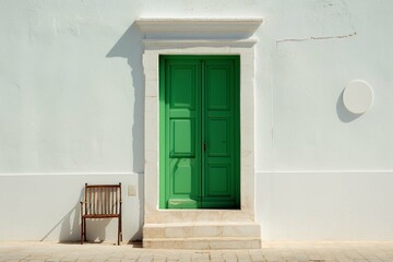 A vibrant green door set within a clean white wall of a traditional building